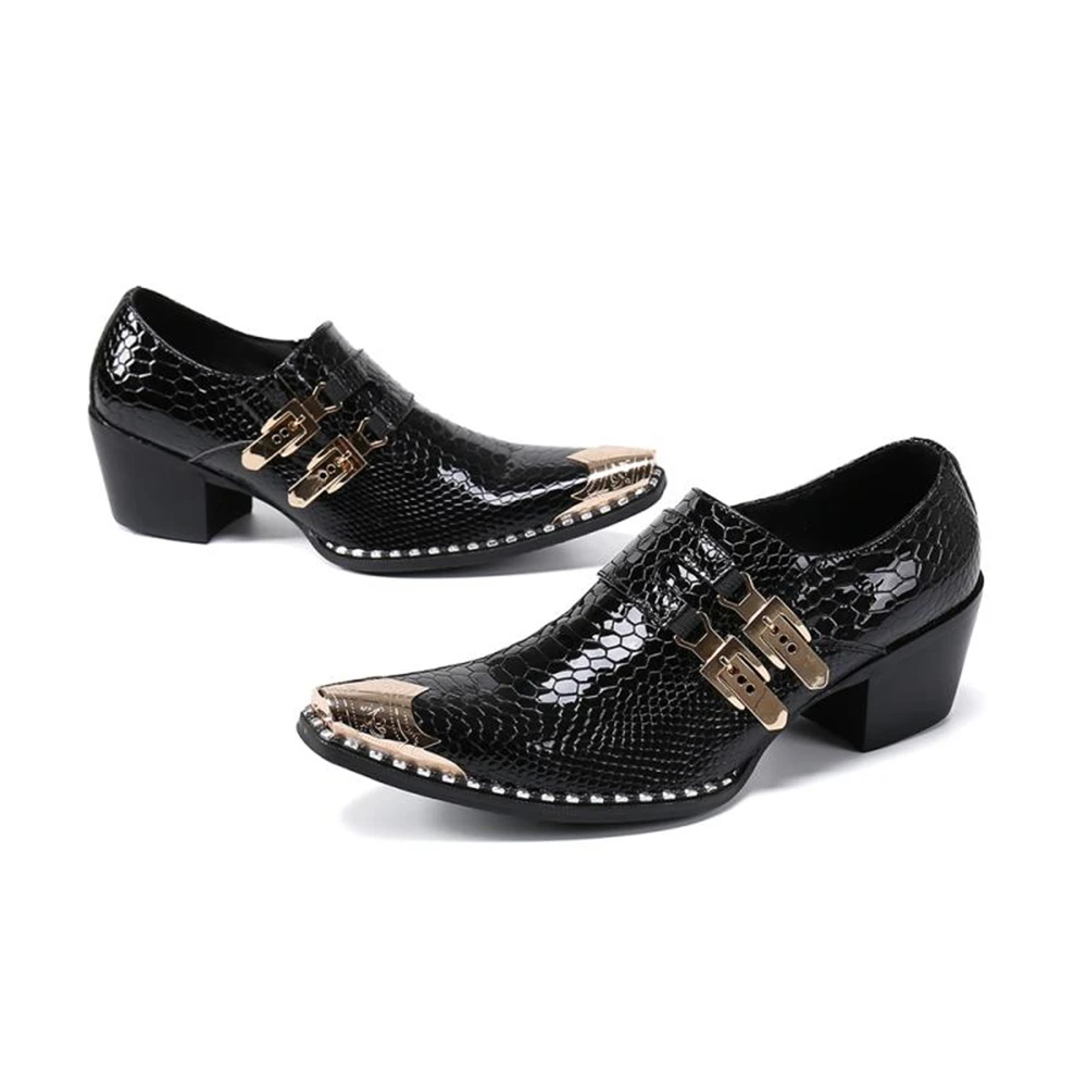 Black Red Pointed Toe Dress Shoes Men Office Genuine Leather Breathable Buckle Slip On Snake Pattern High Heels Shoes