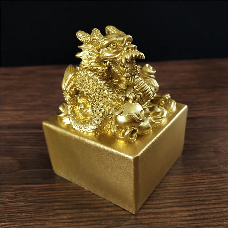 Golden Chinese Dragon Statues Figurine Big Imperial Jade Seal Resin Craft Feng Shui Year Zodiac Dragon Sculpture Home Decoration