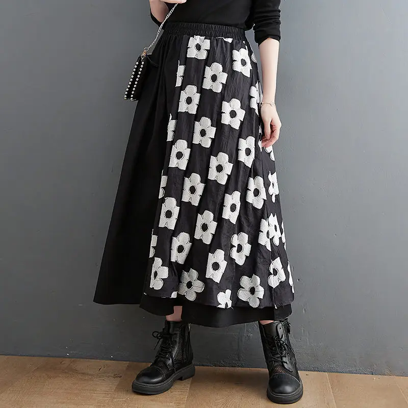 Contrasting Embroidered Stitching Double-Layer Skirt Spring Autumn Women's Elastic Waist Midi A-Line Skirt Mujer Faldas M1739