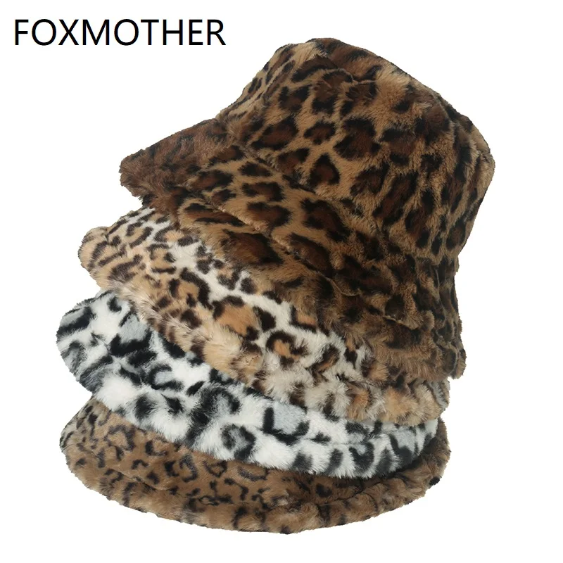 

FOXMOTHER New Femme Gorro Outdoor Fashion Winter Soft Warm Faux Fur Brown Leopard Bucket Hats For Women Lady Casquette