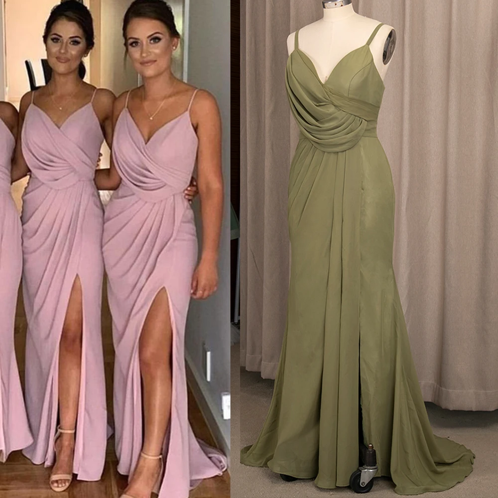 

Sheath Chiffon High Split Wedding Bridesmaid Dress Plus Size Backless Spaghetti Straps Ruched Sexy Maxi Evening Cocktail Gown