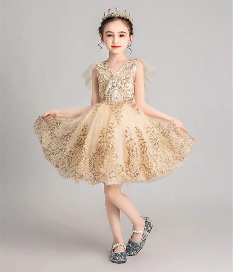 Golden Sequins Tulle Children\'s Princess  V-neck Wedding Dress Flower Girl Evening Dress Baby Girl  Pageant First Communion Gown