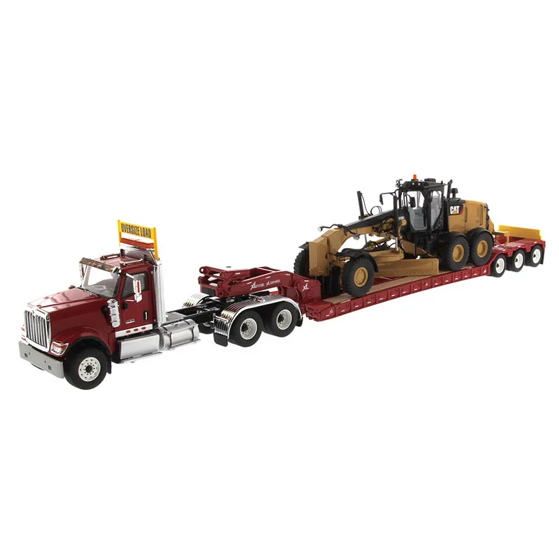 DM-85598  1:50 International HX520 Tandem Day Cab Tractor with XL 120  Lowboy Trailer in Red and Cat 12M3  Grader