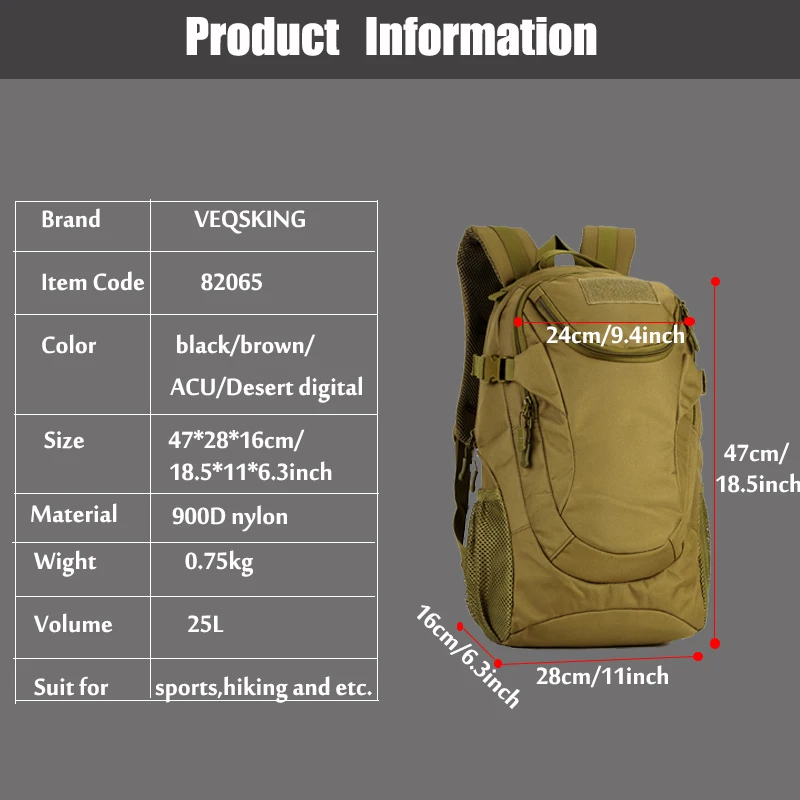 25L Waterproof Military Backpack Women Men\'s Hiking Tactical Backpack 900D Nylon School Bag Climbing Sport Bag Laptop Bag