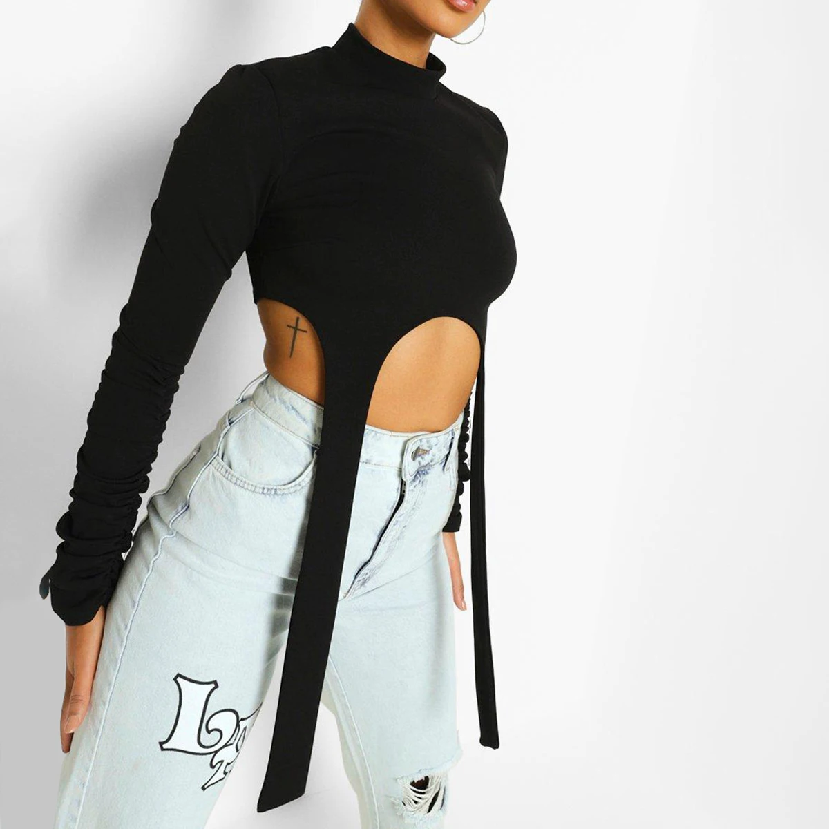 2024 summer new fashion women\'s clothing with T-shirt, personality niche fashion top, puff sleeve long belt, crop top women