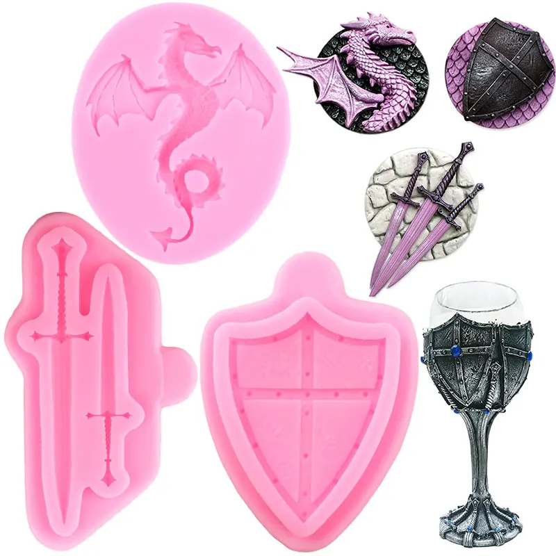 3D Dragon Silicone Mold Swords Shield Battle Fondant Molds DIY Cake Decorating Tools Cupcake Cookie Baking Chocolate Candy Mould