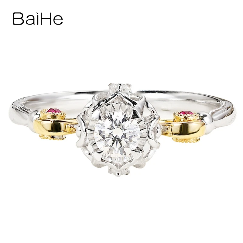 

BAIHE Solid 14K White+Yellow Gold Sparkling Natural Diamond Natural Ruby Wedding Band Fine Jewelry Making Flower Ring Women Gift