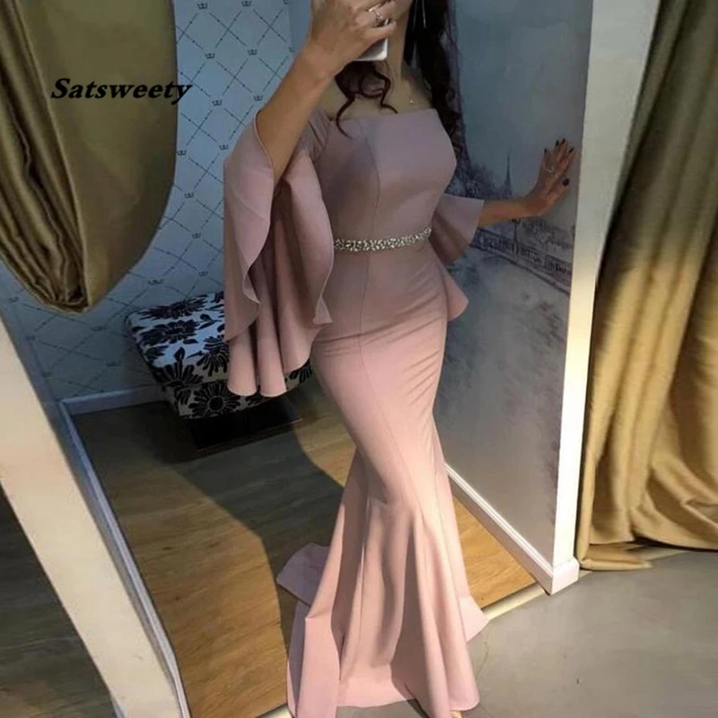 

Mermaid Evening Dress Strapless Flare Sleeves Beaded Sashes Prom Gown Formal Party Dresses