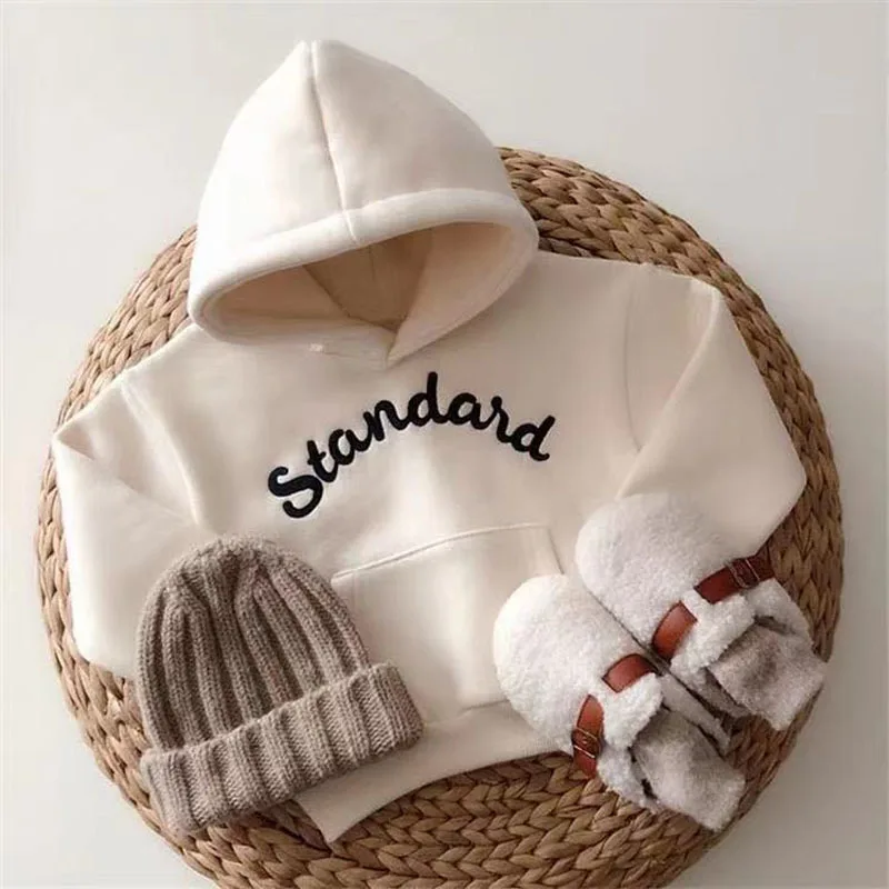 2024 New Autumn Winter Hoodies Toddler Boys Girls Clothes Kids Thick Warm Hooded Letter Sweatshirt Tops