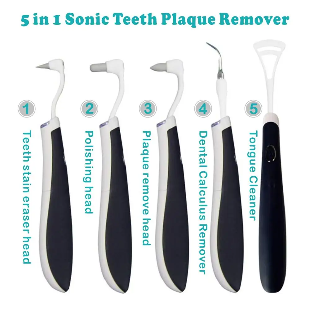 Electric Sonic Dental Calculus Plaque Remover Tools Scraper Teeth 5-in-1 LED Stain Polisher Oral Hygiene Cleaning Mouth Mirror