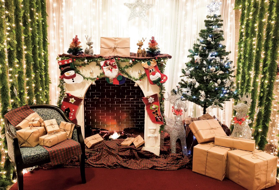 Laeacco ประณีตภายในต้นคริสต์มาสเตาผิงวันเกิดภาพฉากหลังถ่ายภาพพื้นหลังสำหรับ Photo Studio