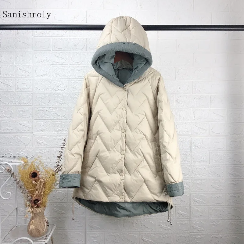 2021 cappotto con cappuccio Patchwork lavorato a maglia da donna Casual allentato caldo addensare 90% piumino d'anatra bianco Parka donna capispalla corti invernali