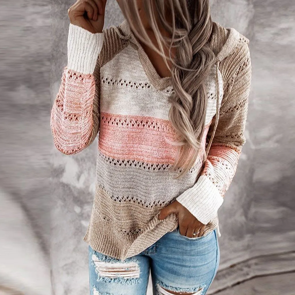 Autumn Women Patchwork Hooded Sweater Long Sleeve V-neck Knitted Sweater Casual Striped Pullover Jumpers 2021 New Female Hoodies