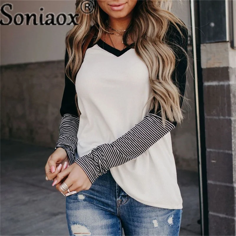 2021 Autumn Women Color Contrast Long Sleeve V-Neck T Shirt Striped Splicing Pullover Tops Ladies Casual Loose Street Clothing