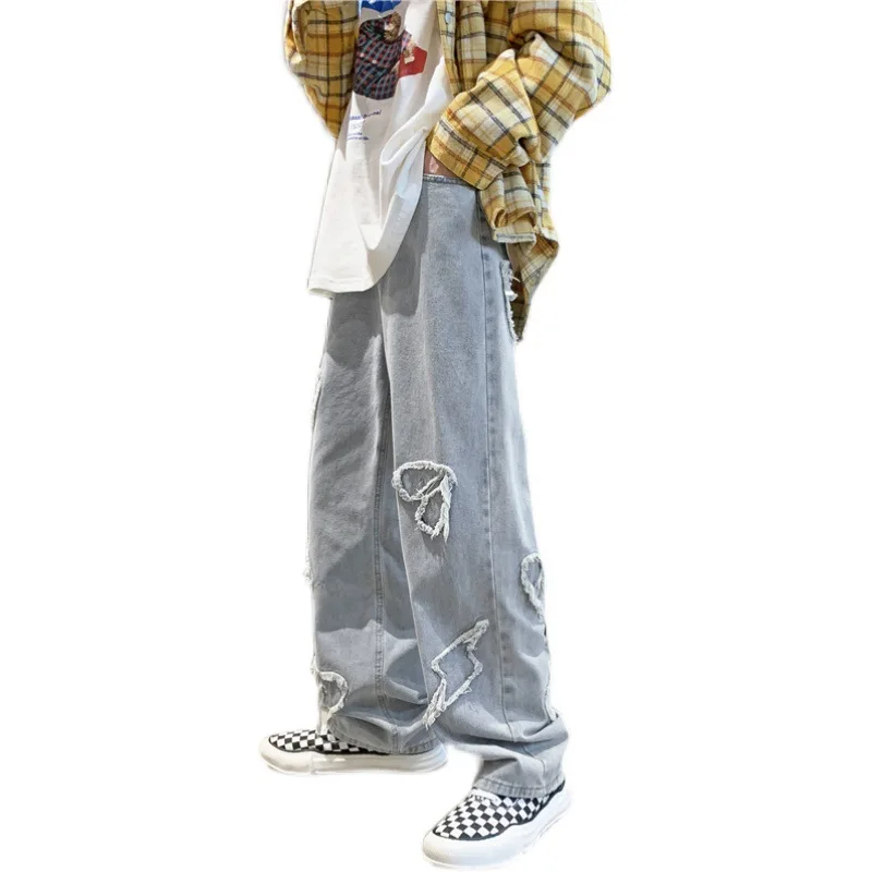 ICCLEK Hip-hop Jeans Men's Fall Loose Straight-leg Pants High Street Trousers Punk Pants  Men Jeans  Men Jeans Pants