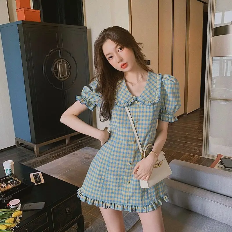 

Women Dress French Plaid Chiffon Sweet A-LINE Puff Sleeve Peter Pan Collar Summer Mini Dress Korean Ladylike Short Girls Dress