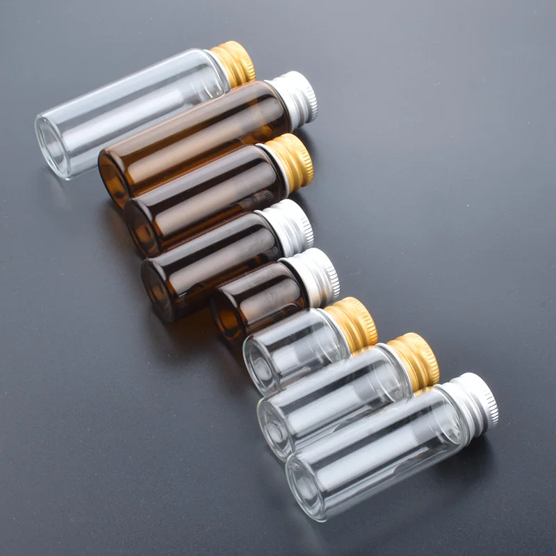 

50pcs/lot 5/10/15/20ml Clear & Amber Glass Vials Mini Essential Oil Bottles With Gold & Silver lid Glass sample wish bottle