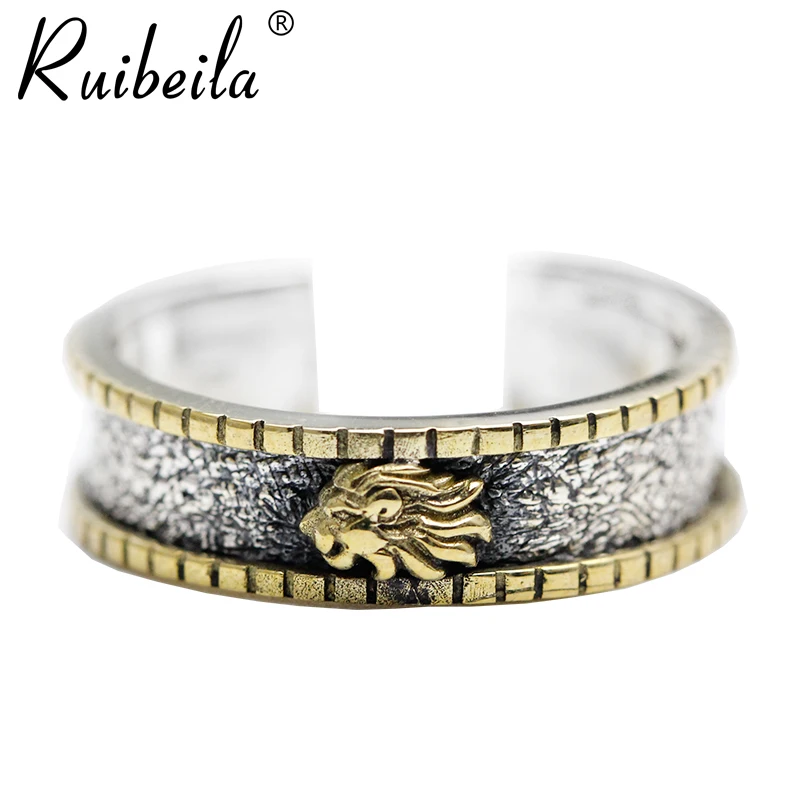 ruibeila925 argent rétro tête de lion ouverture taille réglable bague hommes et femmes simple personnalité tendance bague