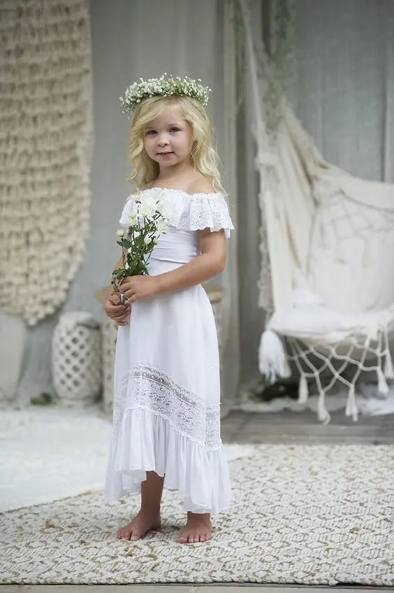 Boho White Lace Off the Shoulder Flower Girls Dress for Weddings Toddlers Kids Formal Beach Junior Bridesmaid Vestidos