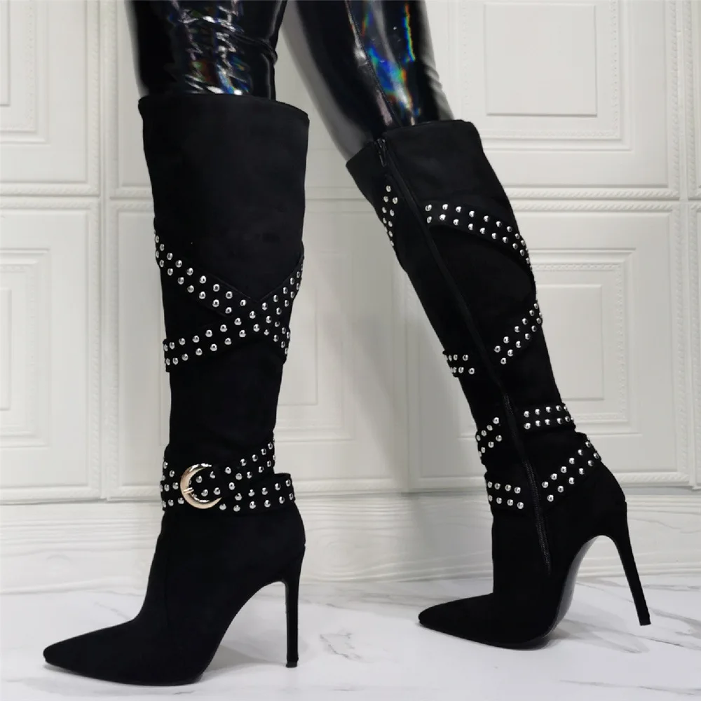 

European American sexy ladies pointed rivet belt stiletto boots thin high heel women's knee high boots shoes women plus size 47