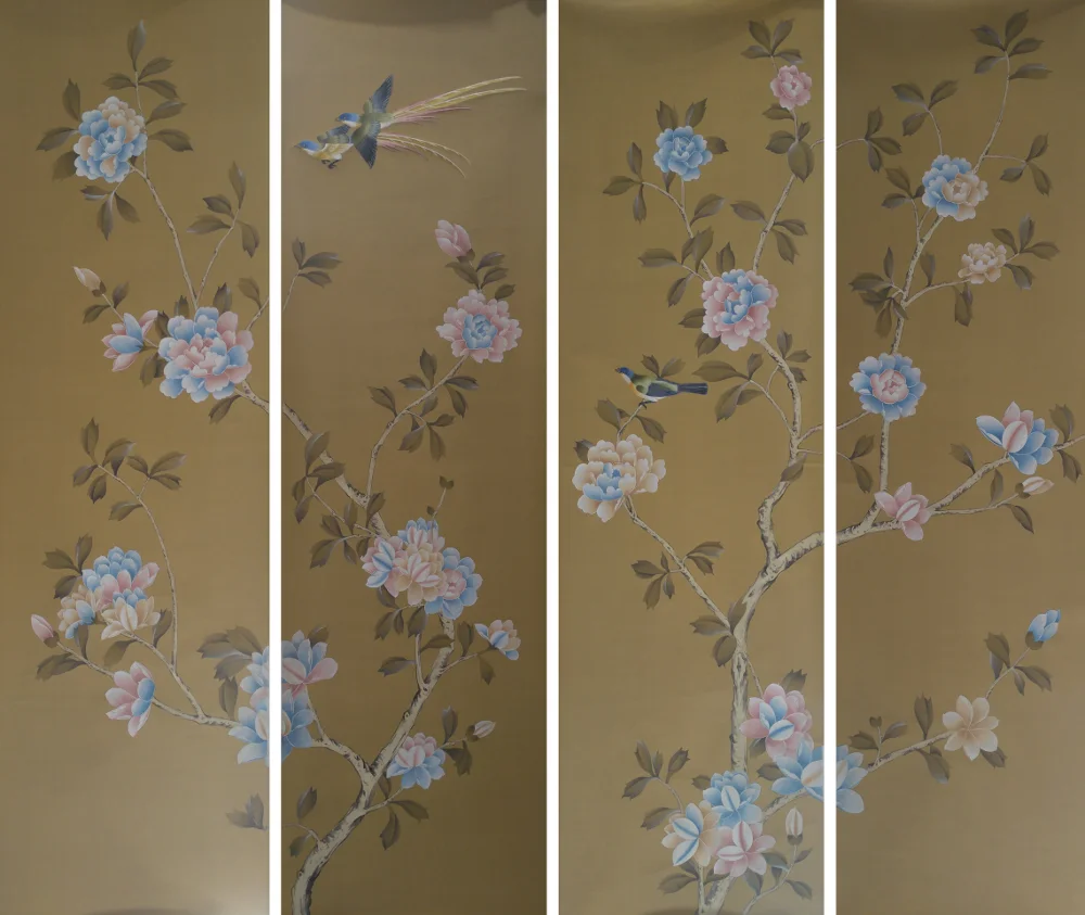 Hand-painted silk wallpaper hand painted wall paper painting trees peony flowers with birds many designs/backgrounds optional