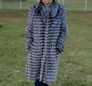 Women's Striped Real Silver Fox Fur Coat, Long Cardigen with Wool Lining, Big Size Clothes, Elegant Outwear, Spring, Lux18A09164