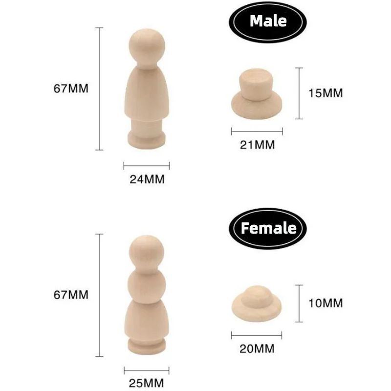 10Pcs Natural Color Male/Female/Hat Peg Dolls Solid Hardwood Unfinished Manual Painting Dolls  DIY Accessories Craft