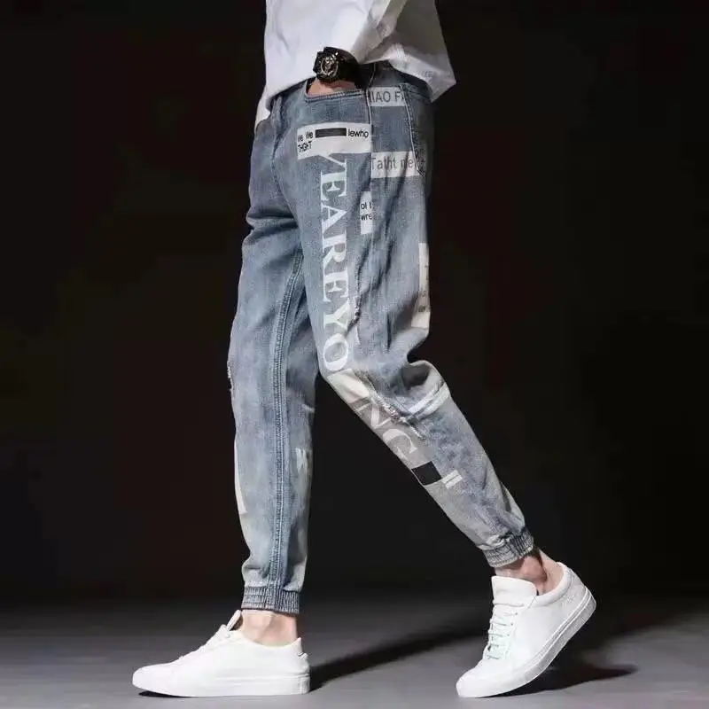 Designer Jeans for Men Letter Print Male Harem Pants Baggy Jeans Distressed Man Cargo Jeans Ankle Banded Hip Hop Ripped Jeans