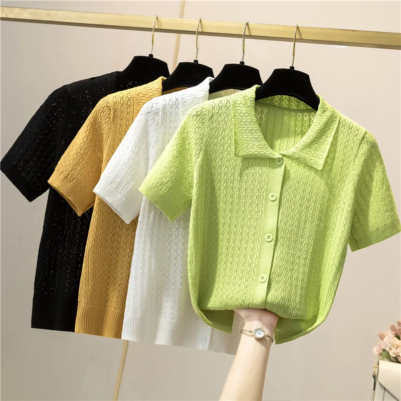 Knitting Women\'s Ribbed Button Up Polo Shirt Female Chic Solid Short Sleeve Green Top Hollow Out Tees Purple Clothing