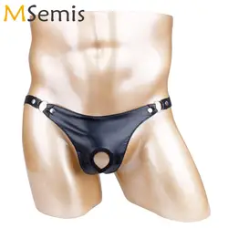 Mens Wetlook Faux Leather Lingerie Sexy Sissy Panties G-string T-Back Micro Bikini Thong Gay Open Butt Underwear with Penis Hole