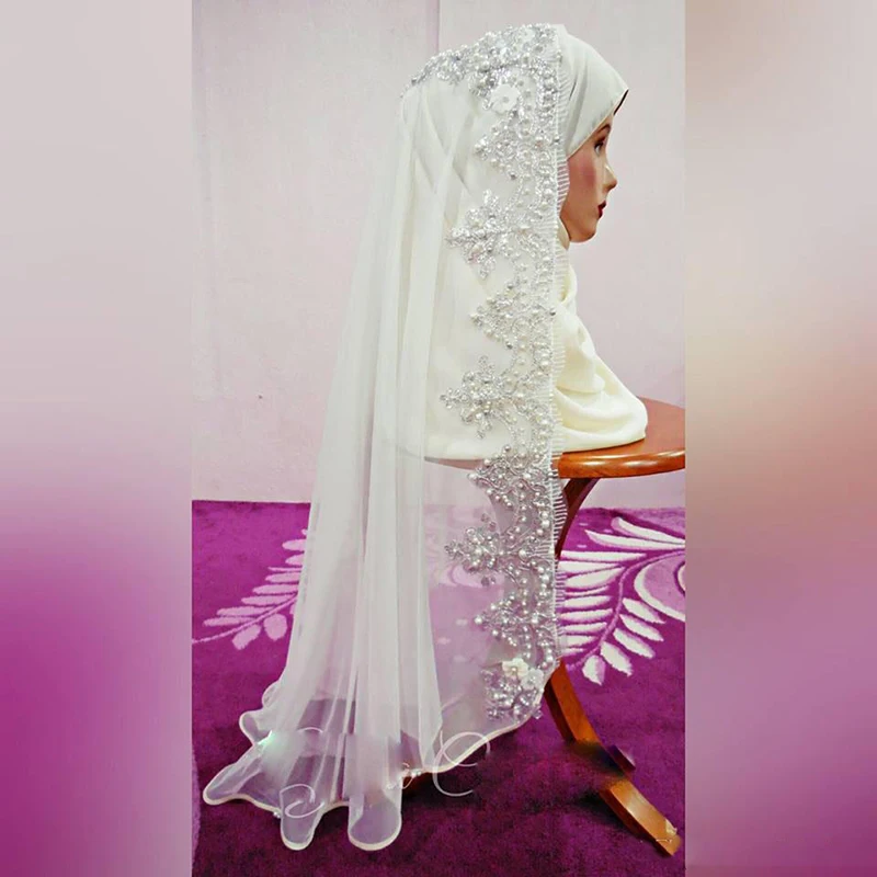 Fabulous อาหรับมุสลิมเจ้าสาวลูกปัด Appliqued Lace Hijab Dubai Saudi อาหรับแต่งงานผู้หญิงพิเศษโอกาสอุปกรณ์เสริม