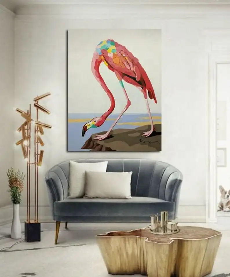 Abstract Animal Canvas Painting Palette Knife Acrylic Painting Red Flamingo Textured Bird Painting Wall Art Kids Room Decor