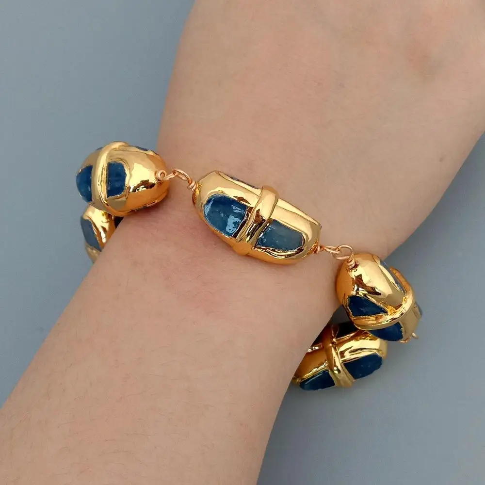YYGEM Blue Kyanite With Electroplated Edge Gold Color Brushed Bead wrap Bracelet 8.5