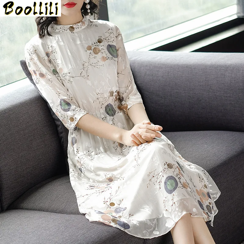 

Silk Boollili Real Dress Women Spring Summer Dress Korean Vintage Print Beach Dress Elegant Party Dress Woman Vestidos Mujer