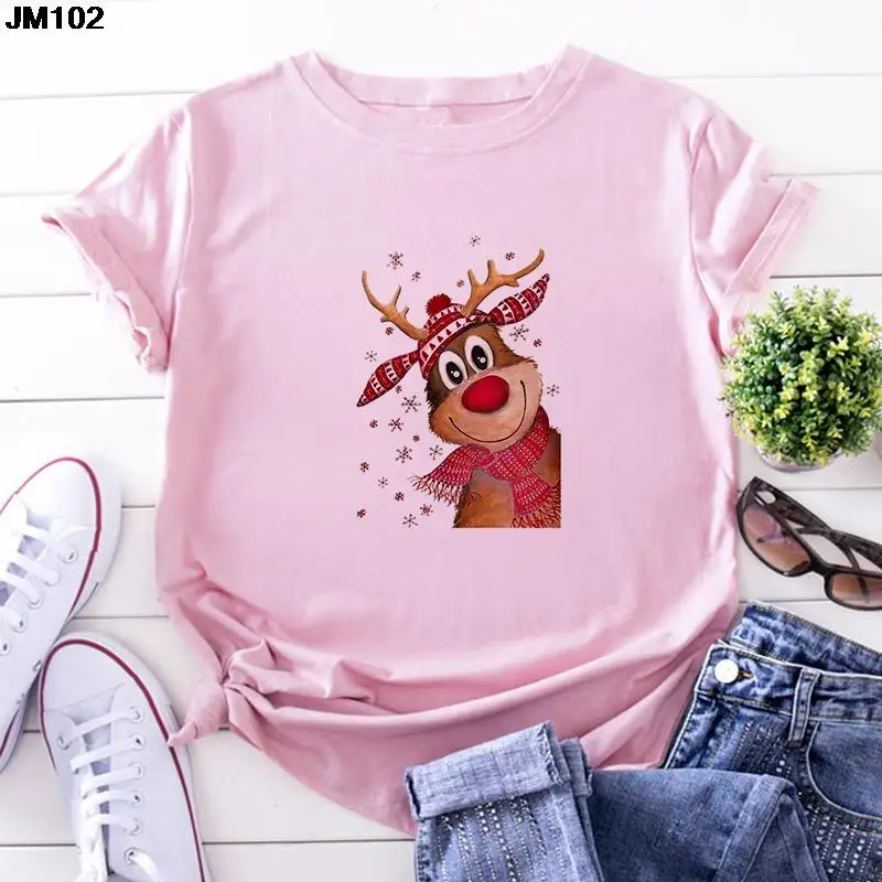 

Kawaii Sika Deer Santa Print Womans T-shirt Harajuku Fashion Christmas Women Tops Tee four seasons Casual Female Clothing Tshirt