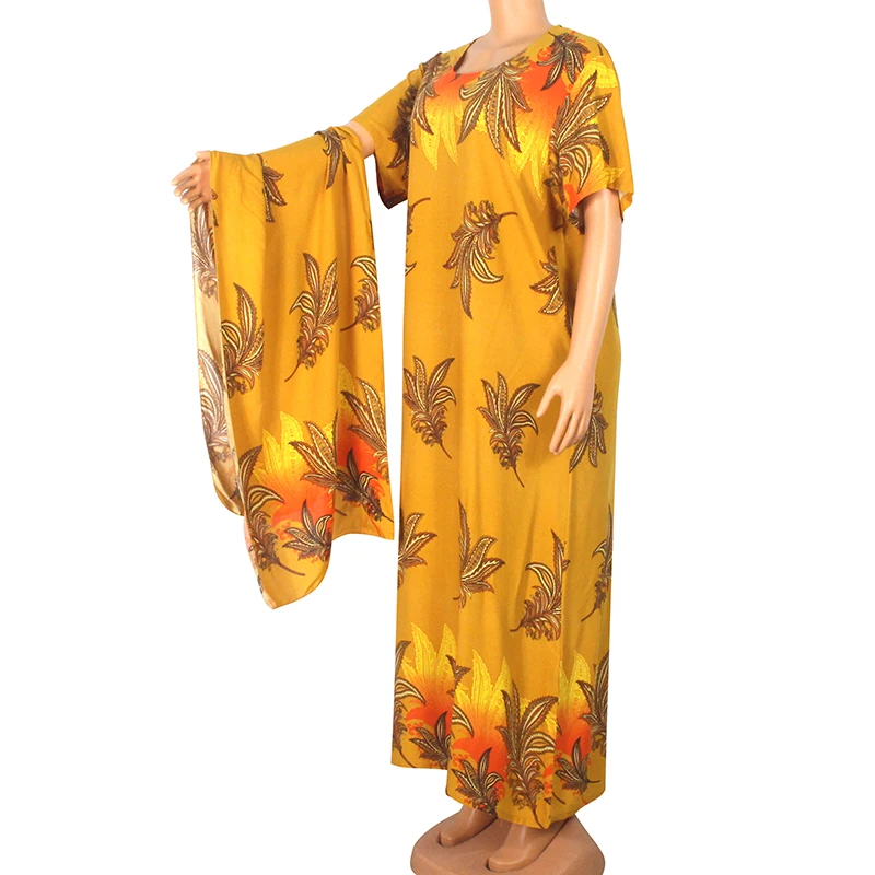 

2020 Fashion Summer New Arrival African Dresses For Women Modern Leaf Print Gold 100% Cotton Casual Mama Maxi Dress With Scarf