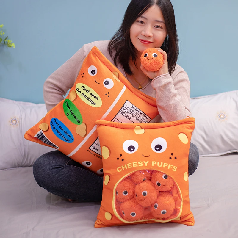 Cheesy Puffs Plush Toy Stuffed Food Throw Pillow Lifelike Puffs 6pcs In one Bag Kids Toys Birthday Christmas Gift for Child