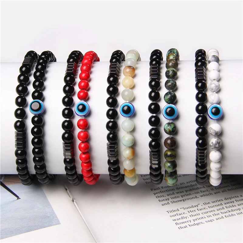 2Pcs/set Turkish Lucky Evil Eye Bracelets Set For Women Men 6MM Beads Bracelet Handmade Hematite Charm Bangles Gift Dropshipping