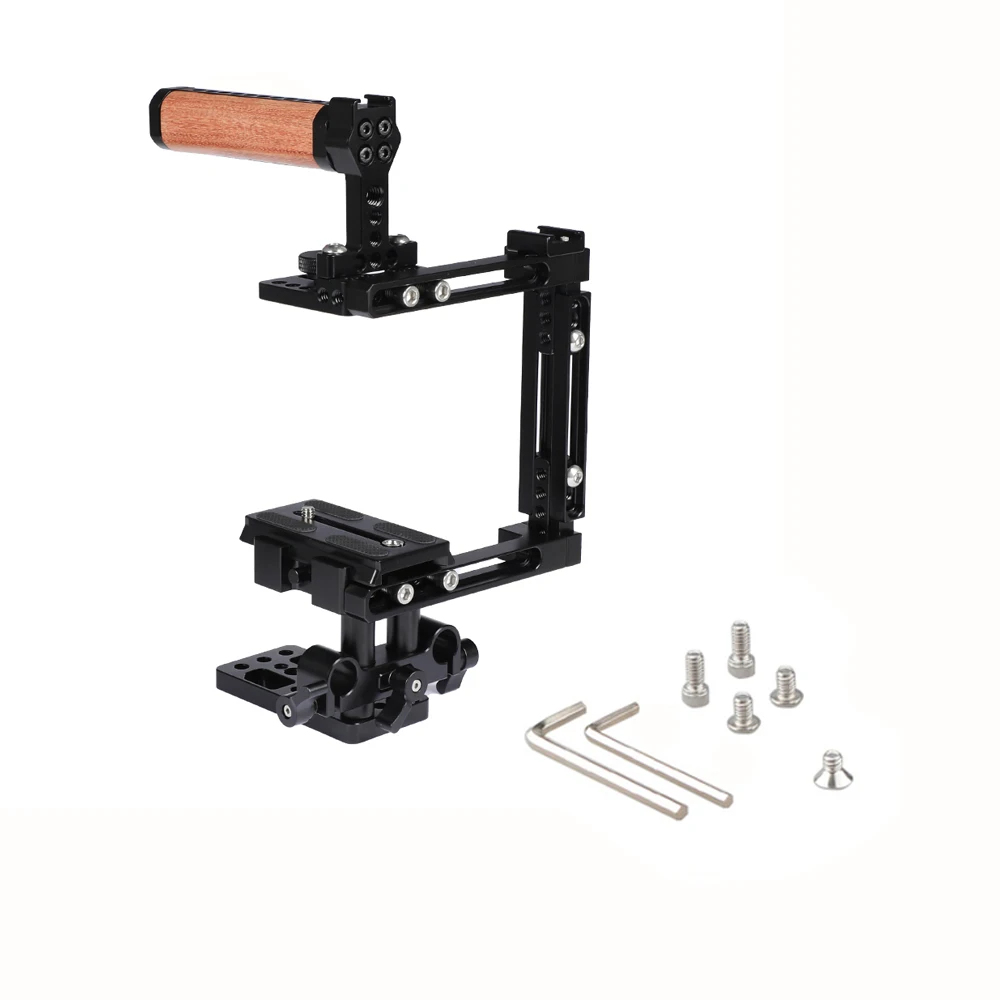 HDRIG-Kit de jaula de media cámara tipo extensión, con placa QRPlate Manfrotto, Base de bloque de rieles de 15mm, mango superior de madera para Canon 5D Mark II Sony