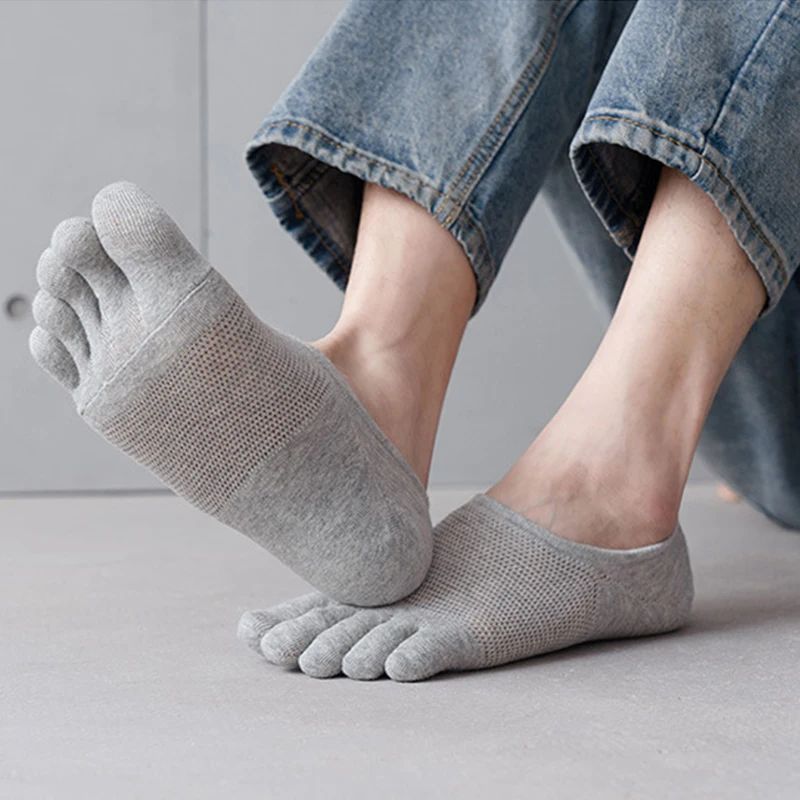 Calcetines tobilleros transpirables para hombre y mujer, medias de malla con agujeros, absorbentes de sudor, con cinco dedos