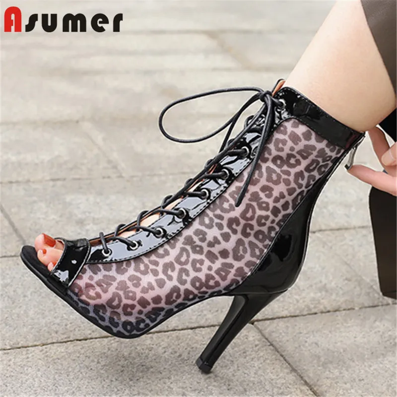 

ASUMER 2022 Big Size 46 Ankle Boots Women Sexy Thin High Heels Summer Boots Cross Tied Zip Leopard Peep Toe Sexy Party Shoes Lad