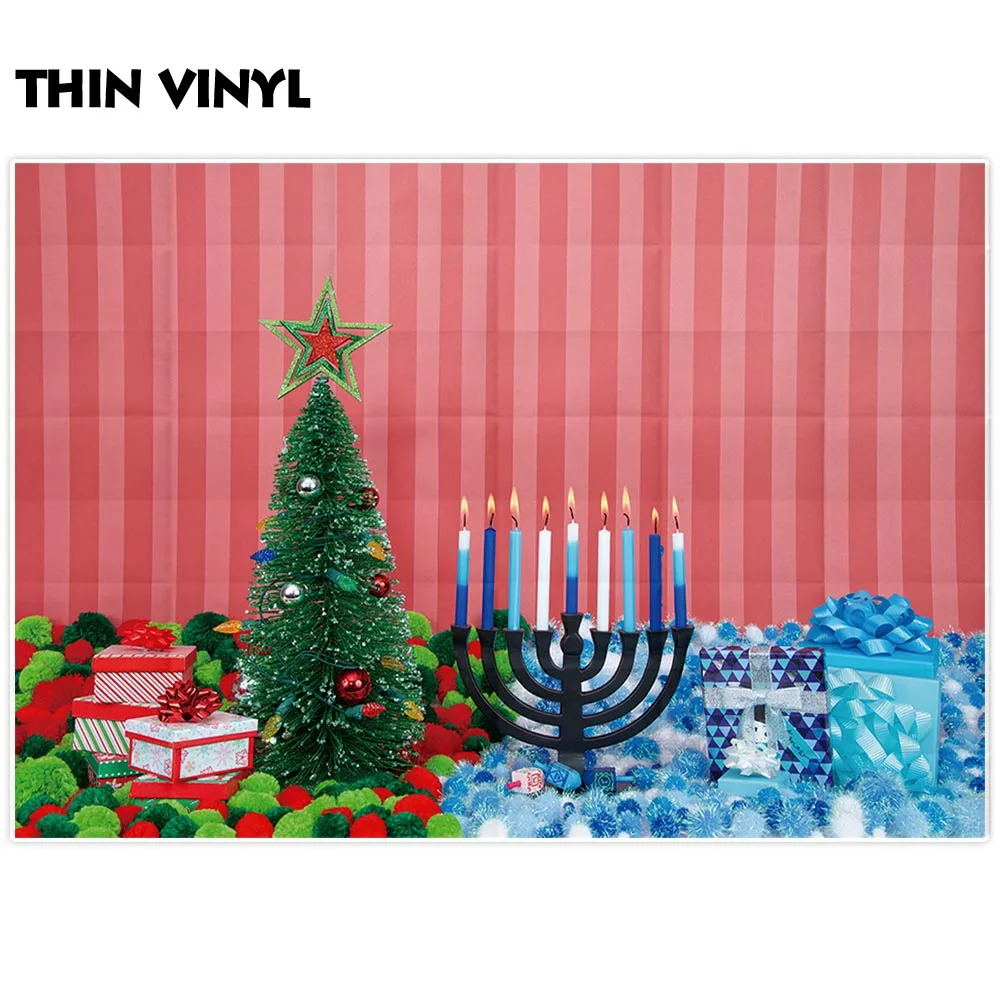 Allenjoy photophone new year backdrops Hanukkah candle christmas tree winter gift colorful stripes fabric backgrounds photobooth