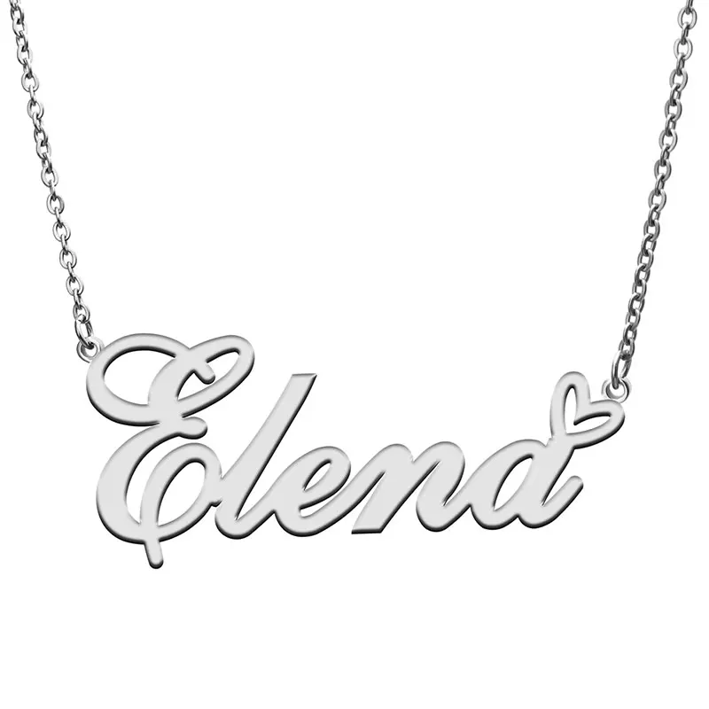 Elena with Love Heart Name Necklace for Women Stainless Steel Nameplate Pendant Femme Mother Child Girls Gift