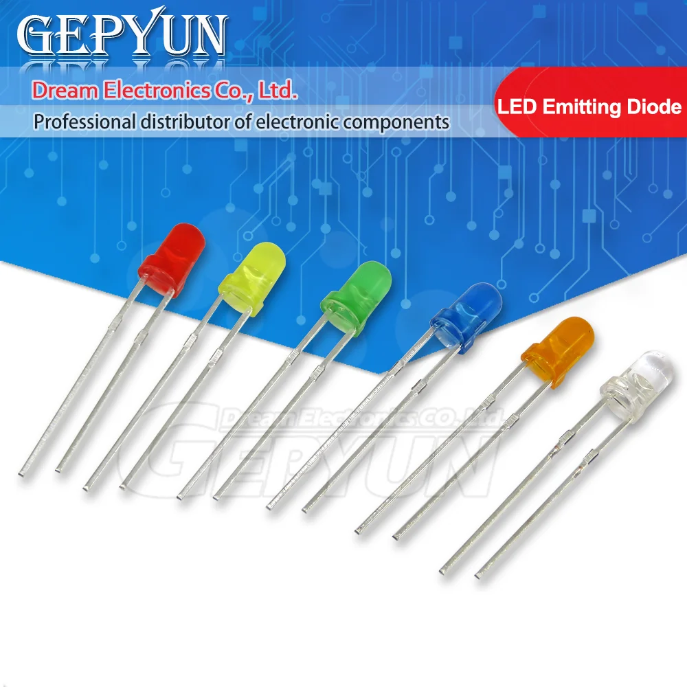 100 шт./лот Светодиодная лампа излучающие Диоды 3 мм круглая вода прозрачная F3 супер яркий красный/желтый/зеленый/синий/оранжевый/белый