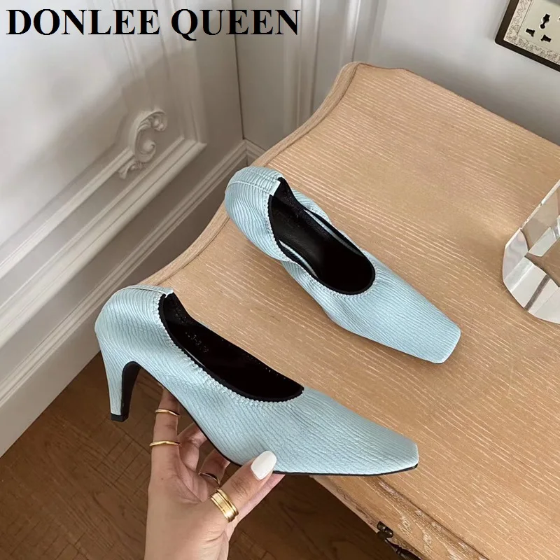 Fashion Square Toe Thin High Heel Shoes Women Shallow Elastic Pumps Autumn Shoe For Party Dress Zebra Chaussure Zapatillas Mujer