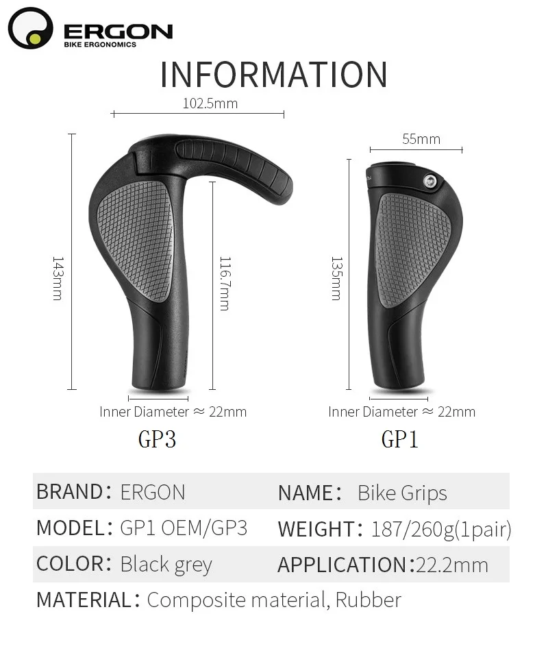 ERGON Ergonomics Bike Handlebar Grips GP1 GP3 GP5 Mountain Bike Extended Bar End Grip Lockable Bicycle Handle Mount Rubber Grips