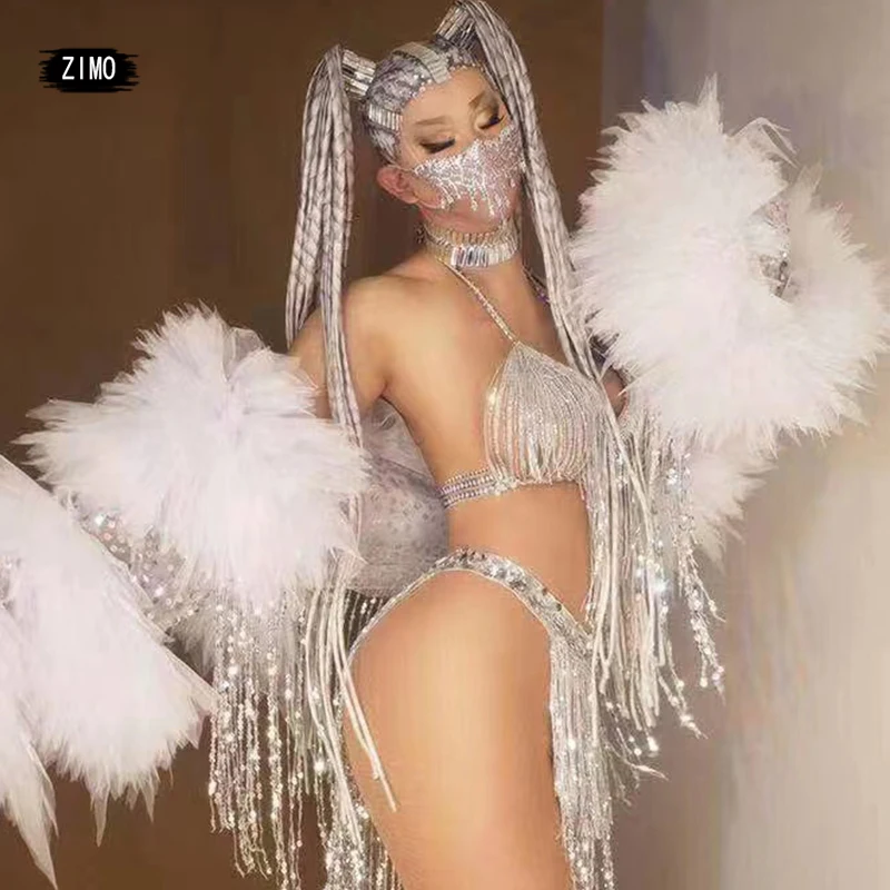 반짝 이는 실버 스팽글 술 비키니 세트 여성 섹시한 백 레스 브래지어 반바지 나이트 클럽 Dj 가수 바 무대 쇼 폴 댄스 의상