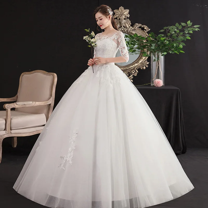 HMHS-085#Wedding Dresses Ball Gown Embroidery Lace up Ball Gown O-neck Half Sleeve Wholesale Bride getting married Dress Girls