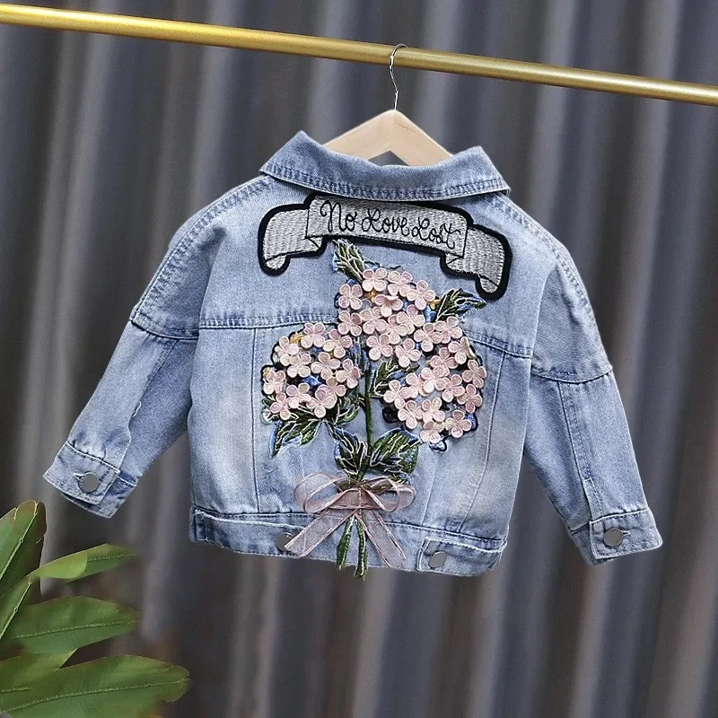 Kids Denim Jackets for Girls Baby New Flower Embroidery Coats Fashion Spring Autumn  Children Outwear Ripped Jeans Jackets 1-5Y