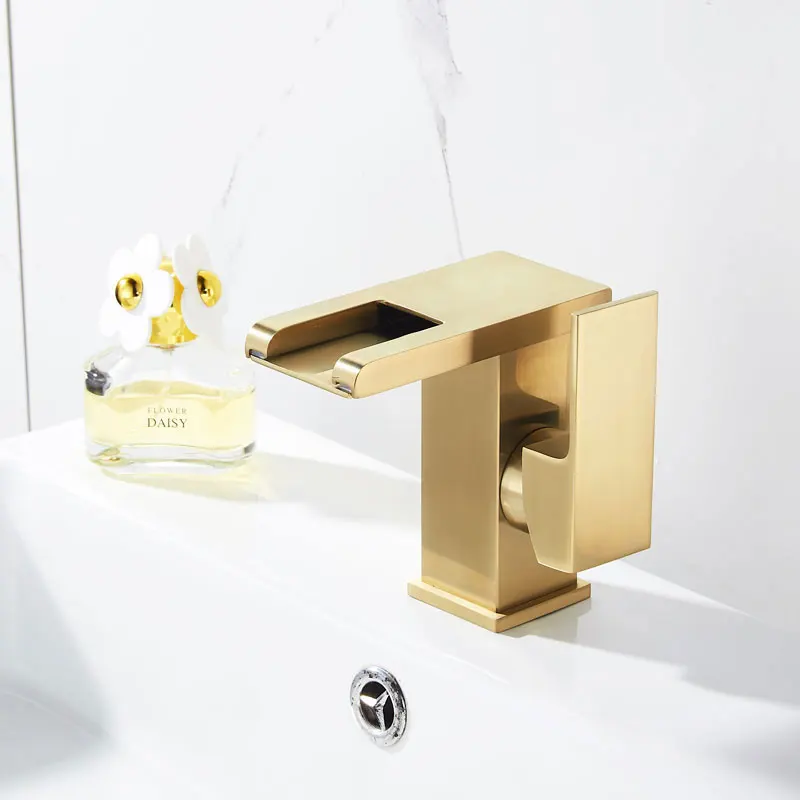 LED Bathroom Basin Faucet Brushed Gold Brass Cold&Hot Water Mixer Tap Deck Mount Vessel Faucet Square Toilet Sink Faucet